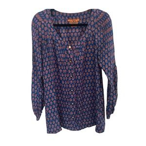 Tory Burch 100% silk printed brown blue long sleeve office church top size 8